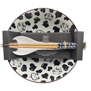SH Home Ceramic Ramen Noodle Bowl Set Chopsticks & Spoon Black White Cats Hearts